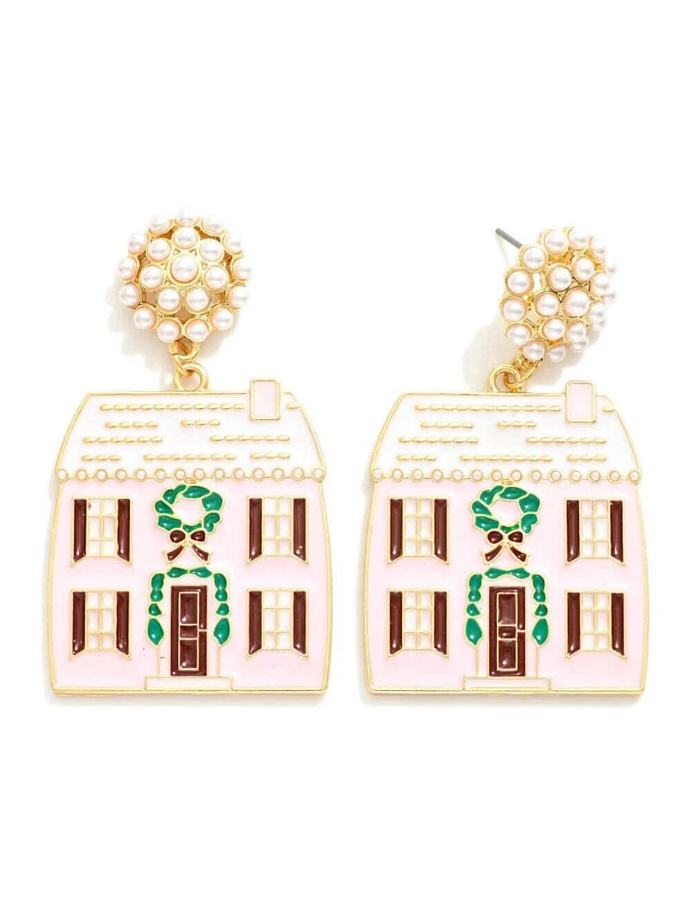 Pink Christmas House Enamel Drop Earrings with Pearl Posts
